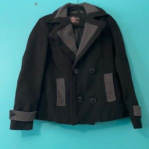 Black and grey pea coat.